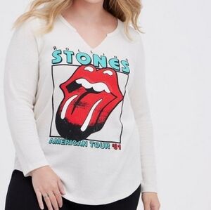 Torrid Waffle Knit Long Sleeve Top Rolling Stones Graphic Split Neck White 3